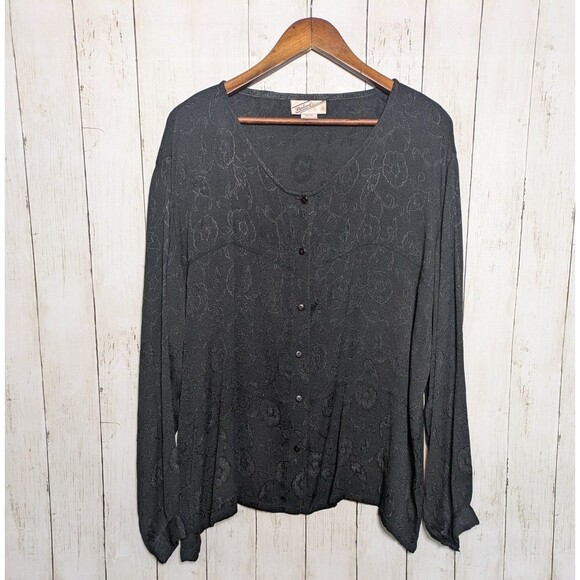Vintage Black Floral Jacquard Button Front Top XL Boho Artsy Grunge Whimsigoth - Picture 4 of 9